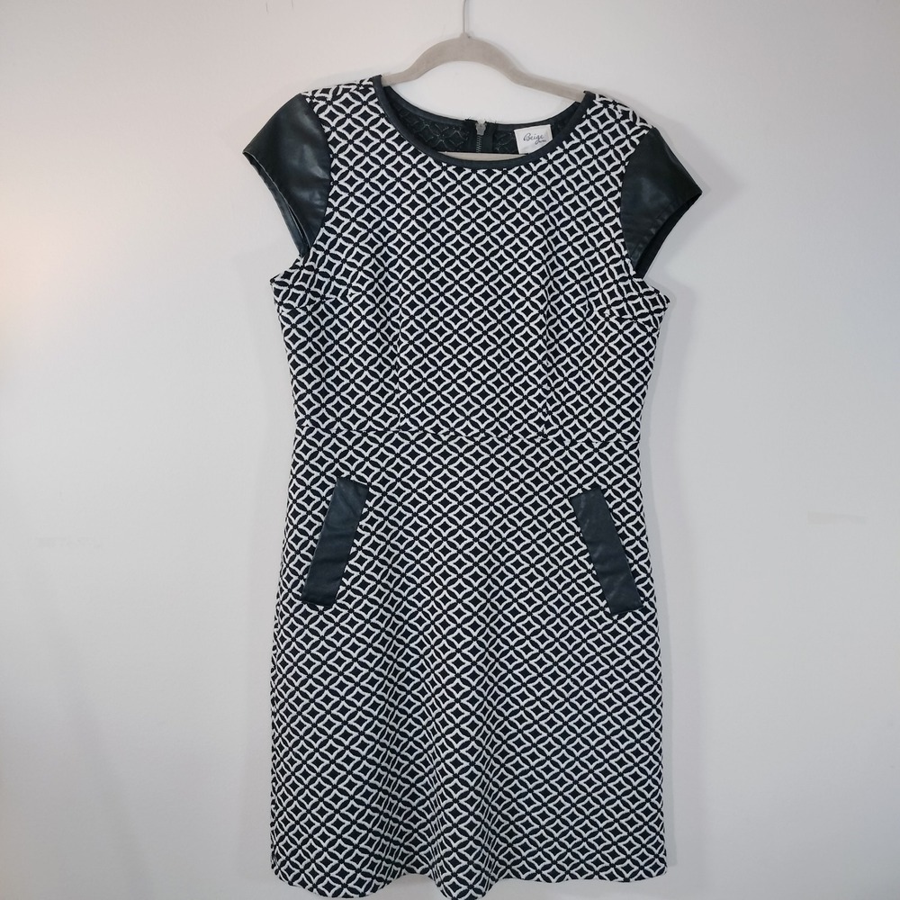 Beige by ECI Black/White Geometric Knit Faux Leather Trim Dress